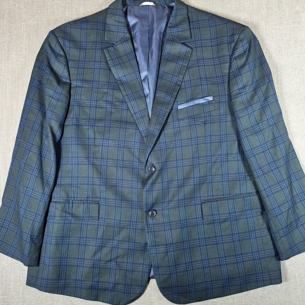 Oak‎ Hill Sport Coat Mens 2XL Blue Green Plaid Two Button Notch Lapel